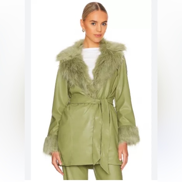 Show Me Your MuMu Green Faux Fur Trim Leather Jacket - Picture 3 of 12